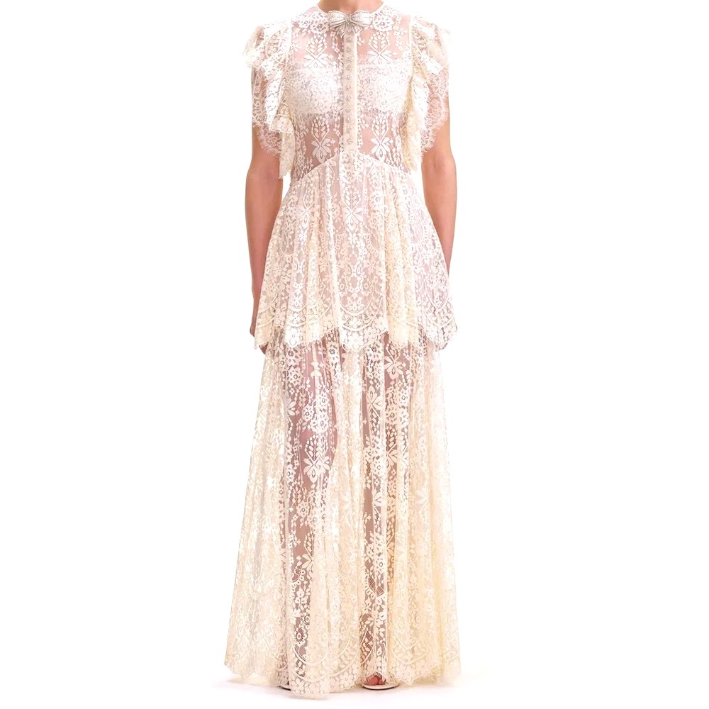 Self-Portrait White Tiered Lace Maxi Dress